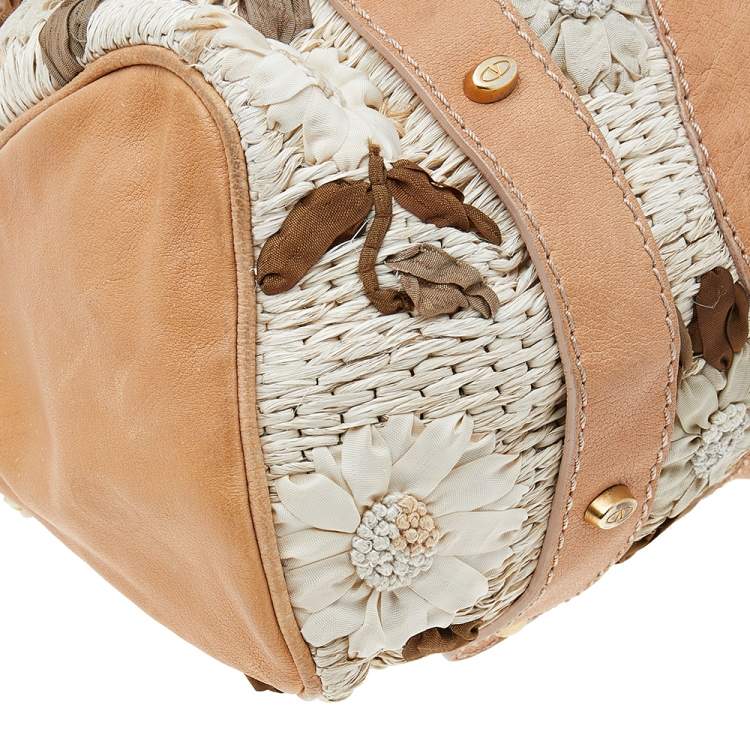 Pre Owned Valentino Beige Leather And Raffia Catch Bag