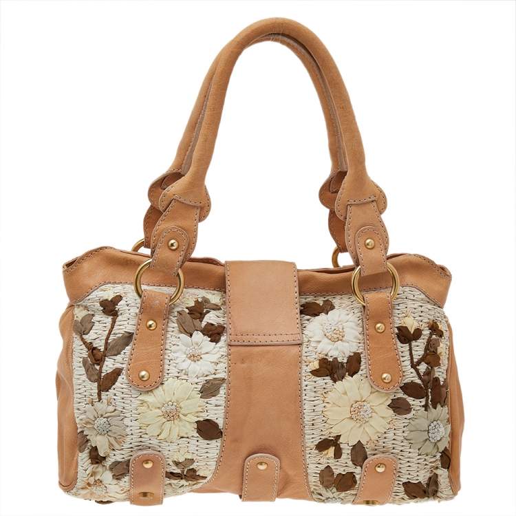 Pre Owned Valentino Beige Leather And Raffia Catch Bag