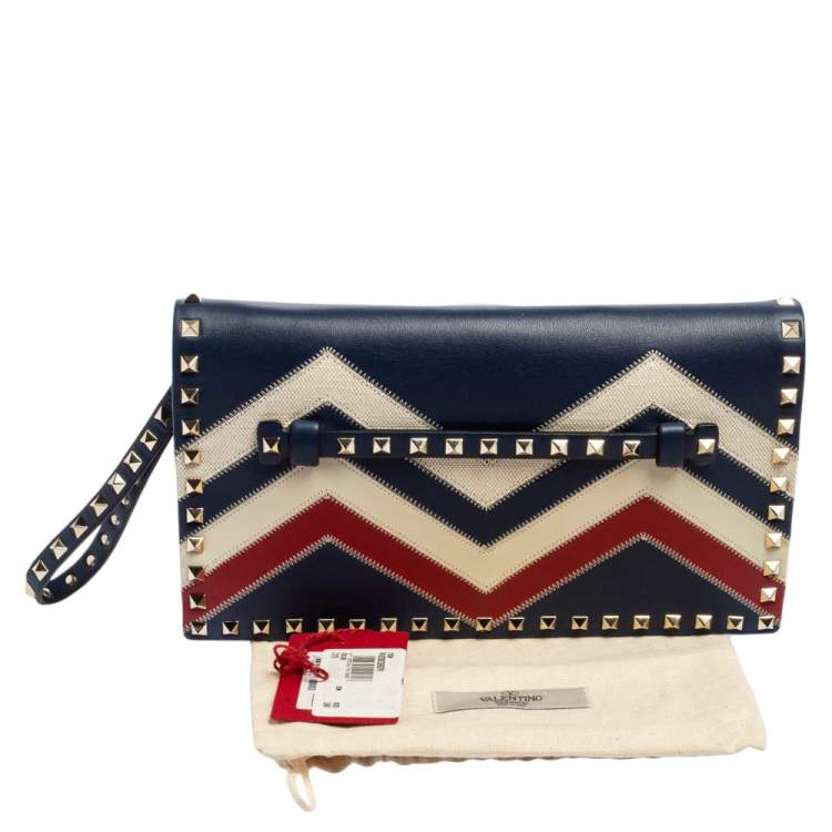 Pre Owned Valentino Tri Color Chevron Leather Rockstud Wristlet Clutch
