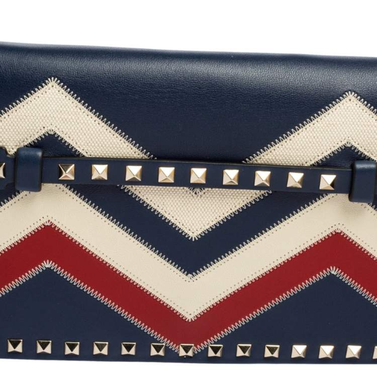 Pre Owned Valentino Tri Color Chevron Leather Rockstud Wristlet Clutch