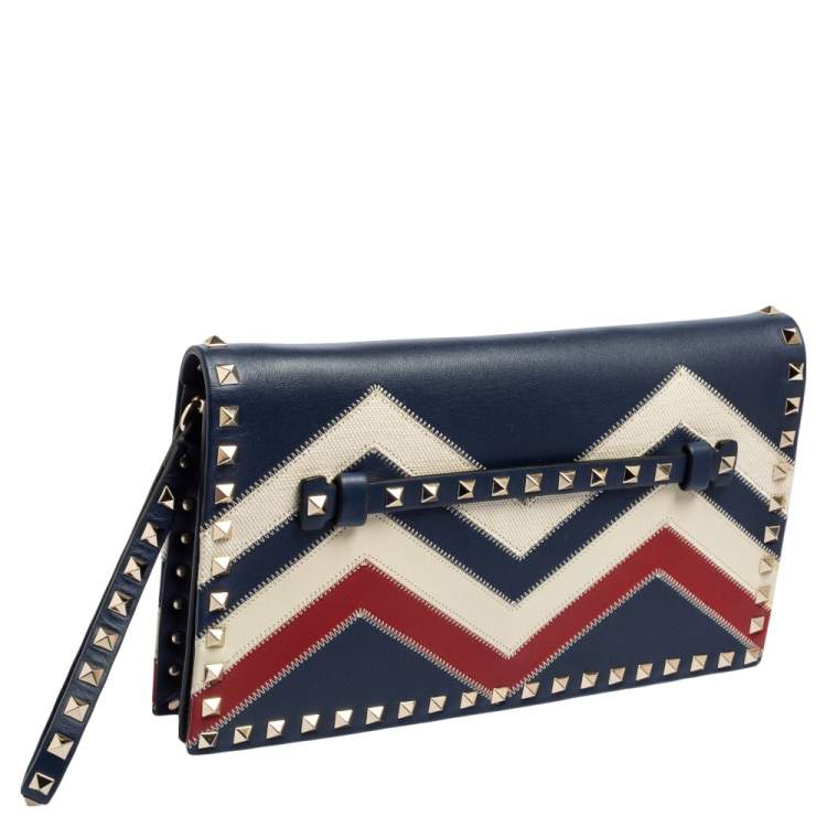 Pre Owned Valentino Tri Color Chevron Leather Rockstud Wristlet Clutch