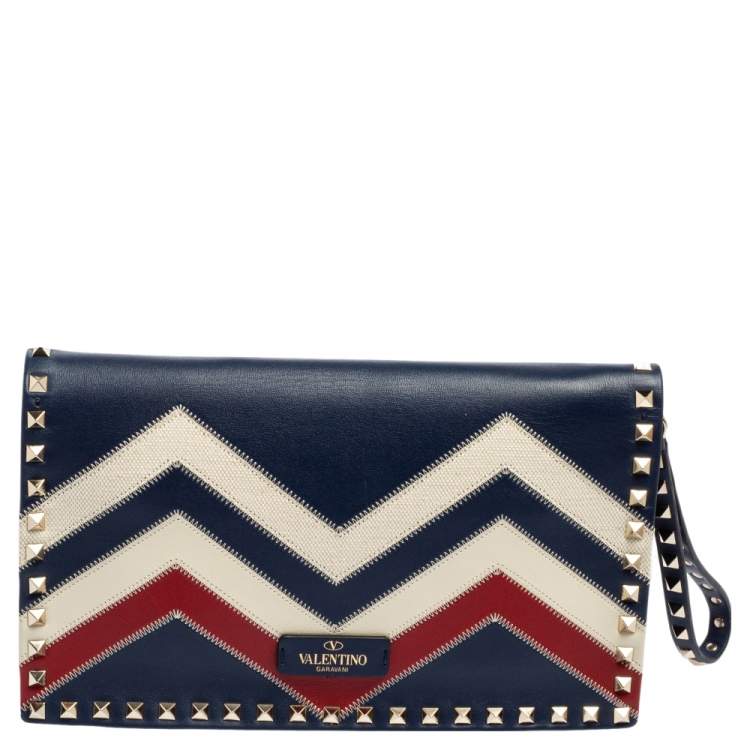 Pre Owned Valentino Tri Color Chevron Leather Rockstud Wristlet Clutch