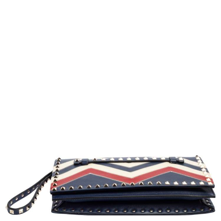 Pre Owned Valentino Tri Color Chevron Leather Rockstud Wristlet Clutch