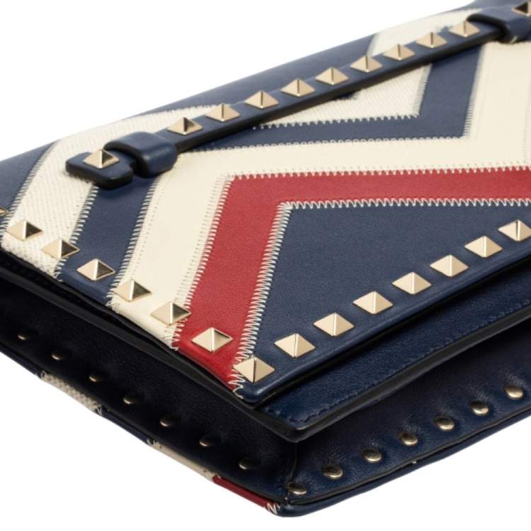 Pre Owned Valentino Tri Color Chevron Leather Rockstud Wristlet Clutch