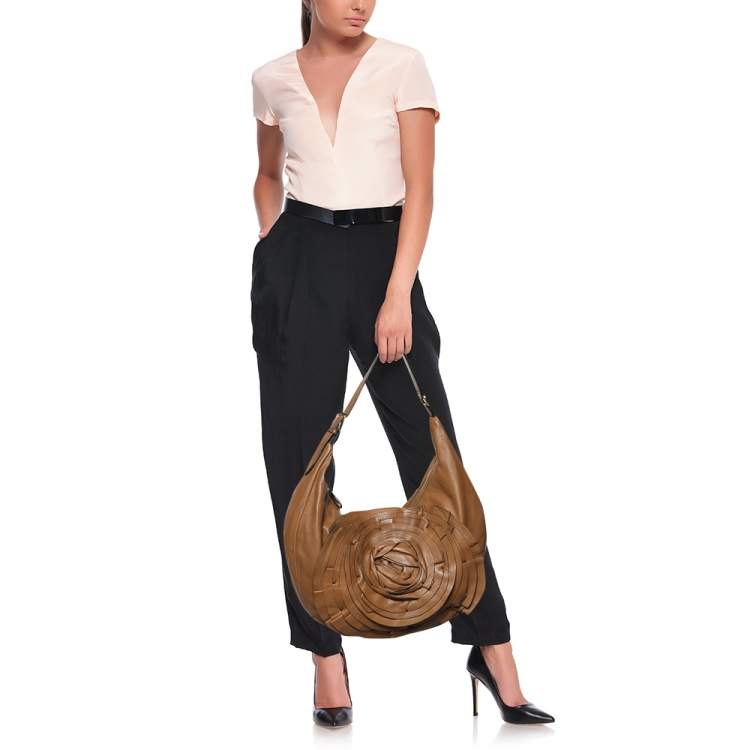 Pre Owned Valentino Brown Leather Rose Petale Hobo