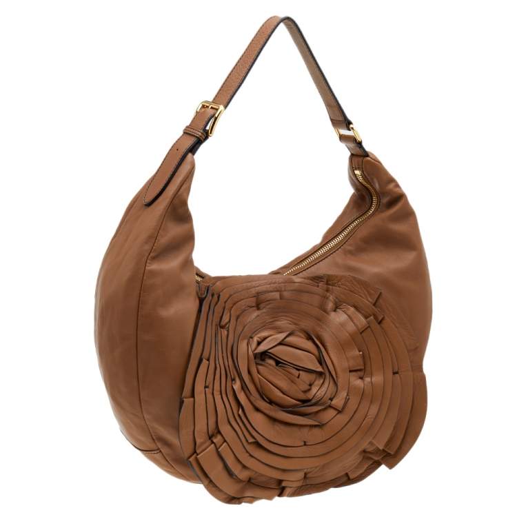 Pre Owned Valentino Brown Leather Rose Petale Hobo