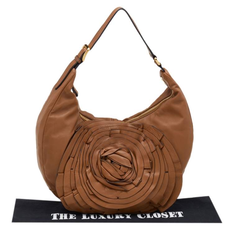 Pre Owned Valentino Brown Leather Rose Petale Hobo