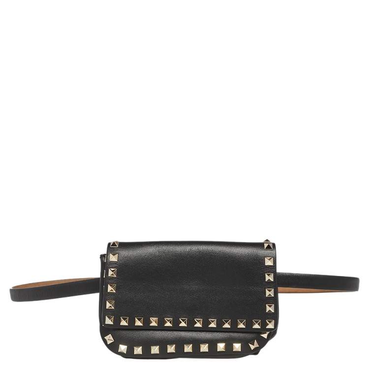 Pre Owned Valentino Black Leather Rockstud Flap Belt Bag