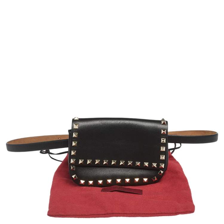 Pre Owned Valentino Black Leather Rockstud Flap Belt Bag