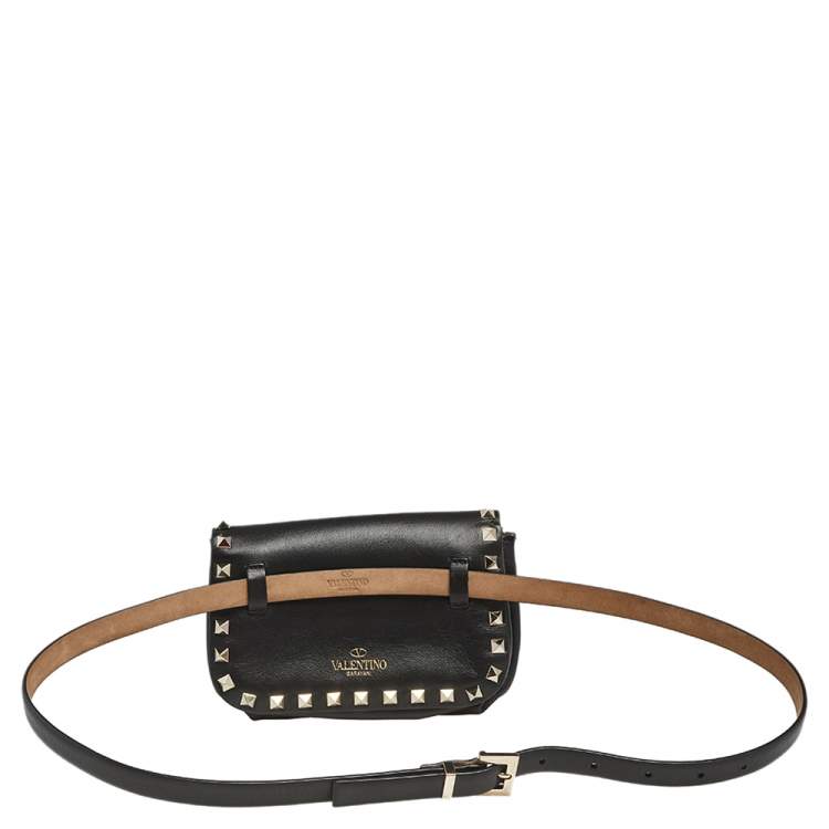 Pre Owned Valentino Black Leather Rockstud Flap Belt Bag