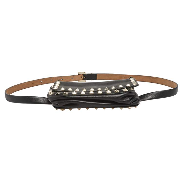 Pre Owned Valentino Black Leather Rockstud Flap Belt Bag