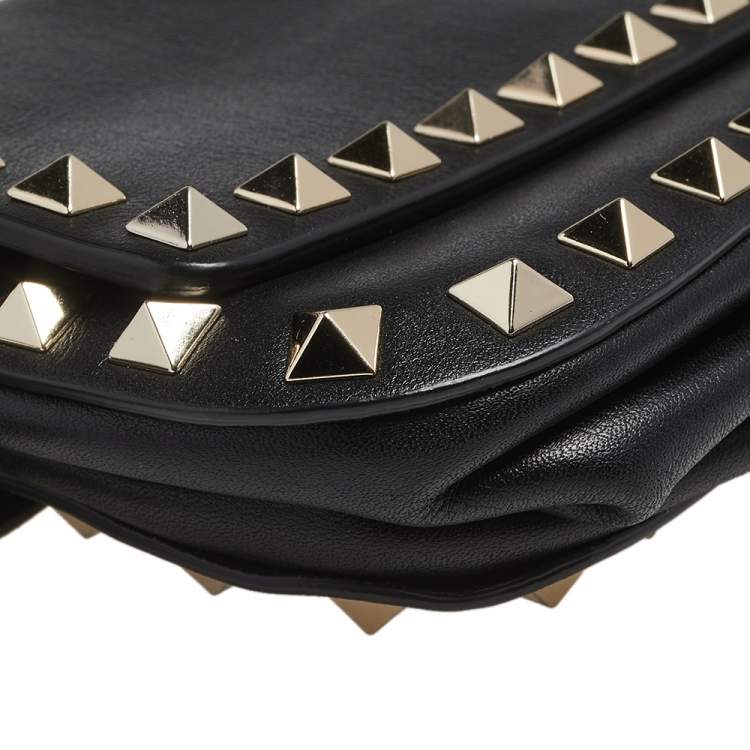 Pre Owned Valentino Black Leather Rockstud Flap Belt Bag
