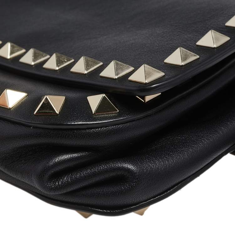Pre Owned Valentino Black Leather Rockstud Flap Belt Bag