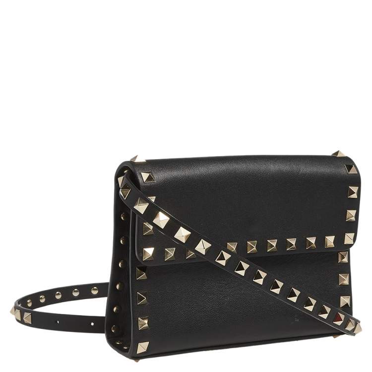 Pre Owned Valentino Black Leather Rockstud Flap Belt Bag