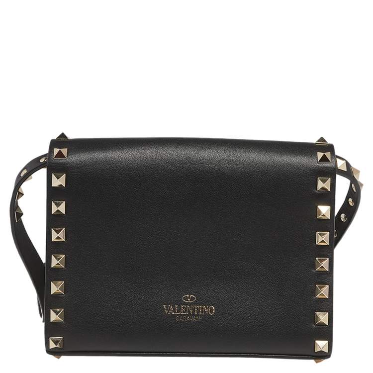 Pre Owned Valentino Black Leather Rockstud Flap Belt Bag