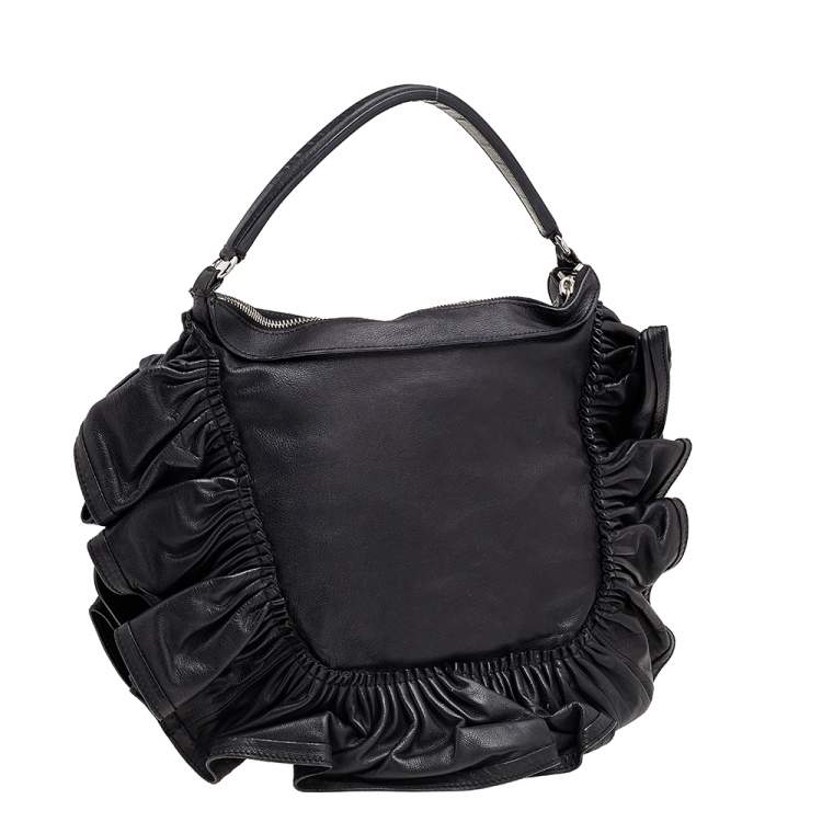 Pre Owned Valentino Black Ruffle Leather Hobo