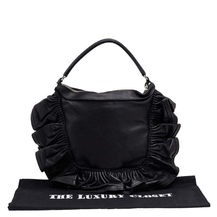 Pre Owned Valentino Black Ruffle Leather Hobo