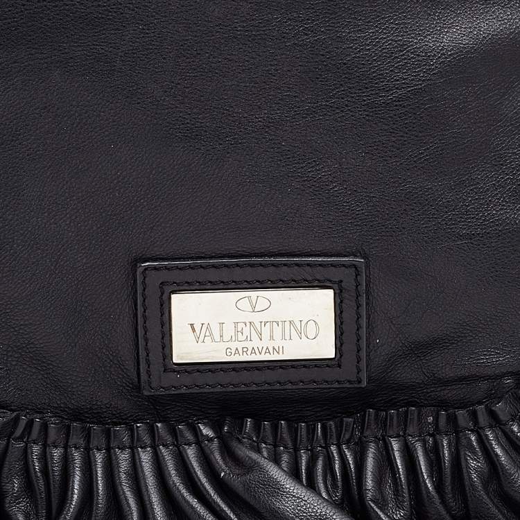 Pre Owned Valentino Black Ruffle Leather Hobo