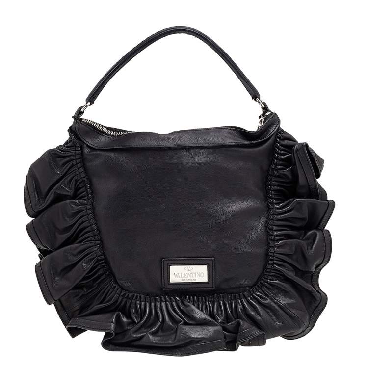 Pre Owned Valentino Black Ruffle Leather Hobo