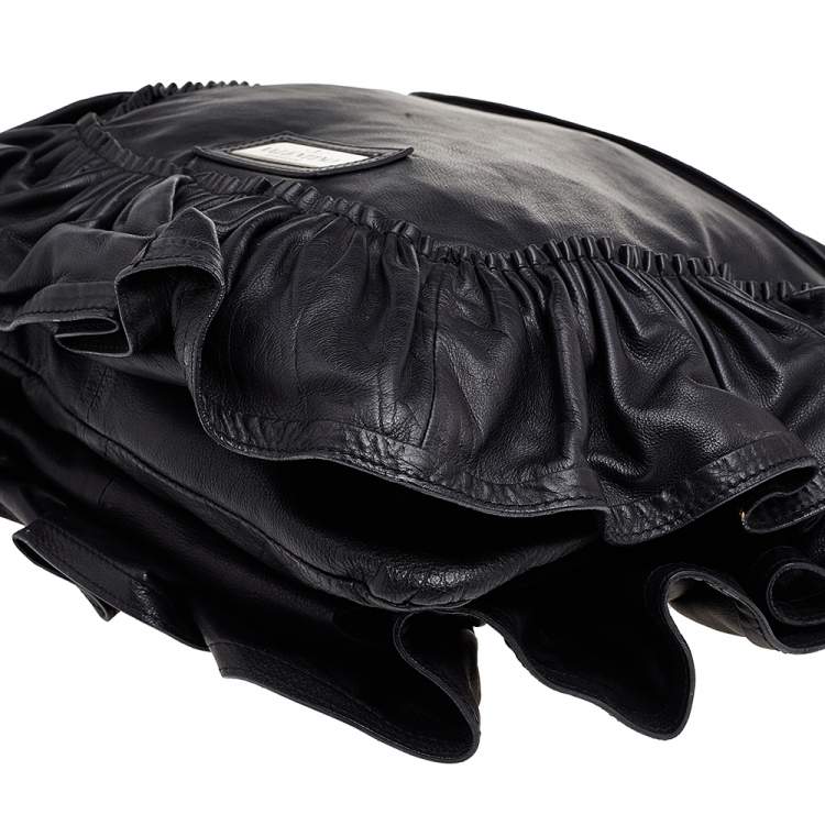 Pre Owned Valentino Black Ruffle Leather Hobo