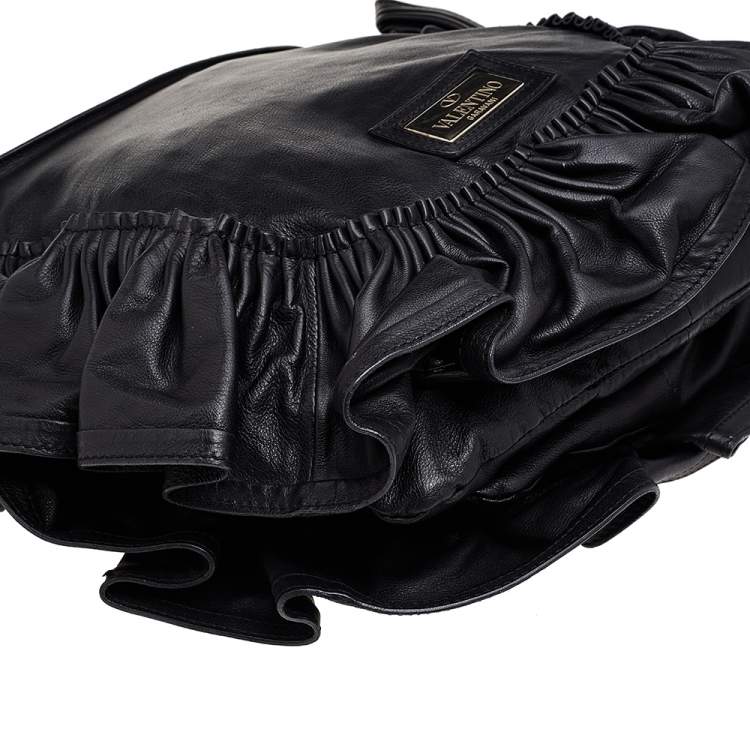Pre Owned Valentino Black Ruffle Leather Hobo