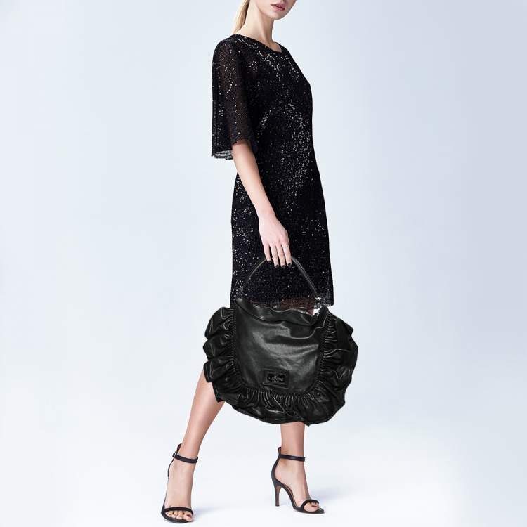 Pre Owned Valentino Black Ruffle Leather Hobo