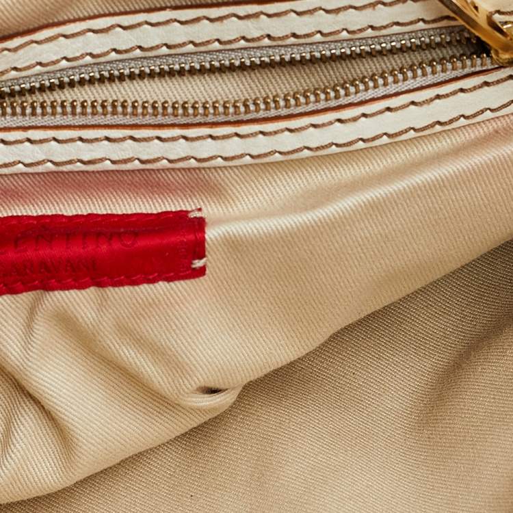 Pre Owned Valentino Cream/Beige Fabric And Leather VLogo Flap Shoulder Bag