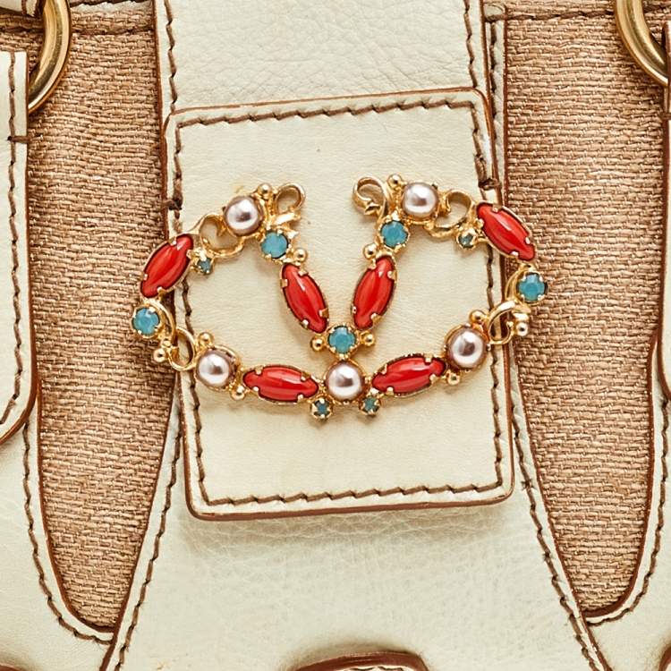 Pre Owned Valentino Cream/Beige Fabric And Leather VLogo Flap Shoulder Bag
