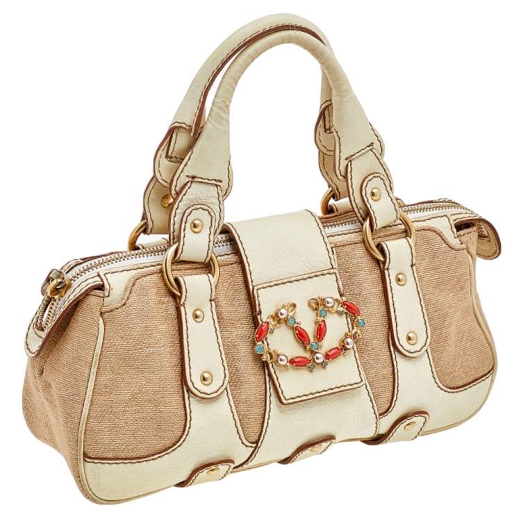 Pre Owned Valentino Cream/Beige Fabric And Leather VLogo Flap Shoulder Bag