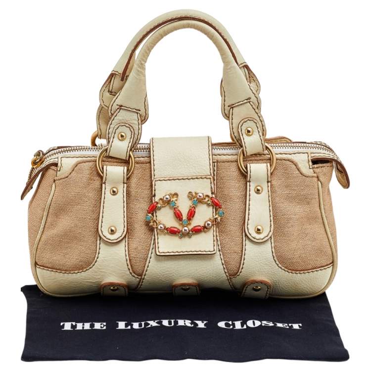 Pre Owned Valentino Cream/Beige Fabric And Leather VLogo Flap Shoulder Bag