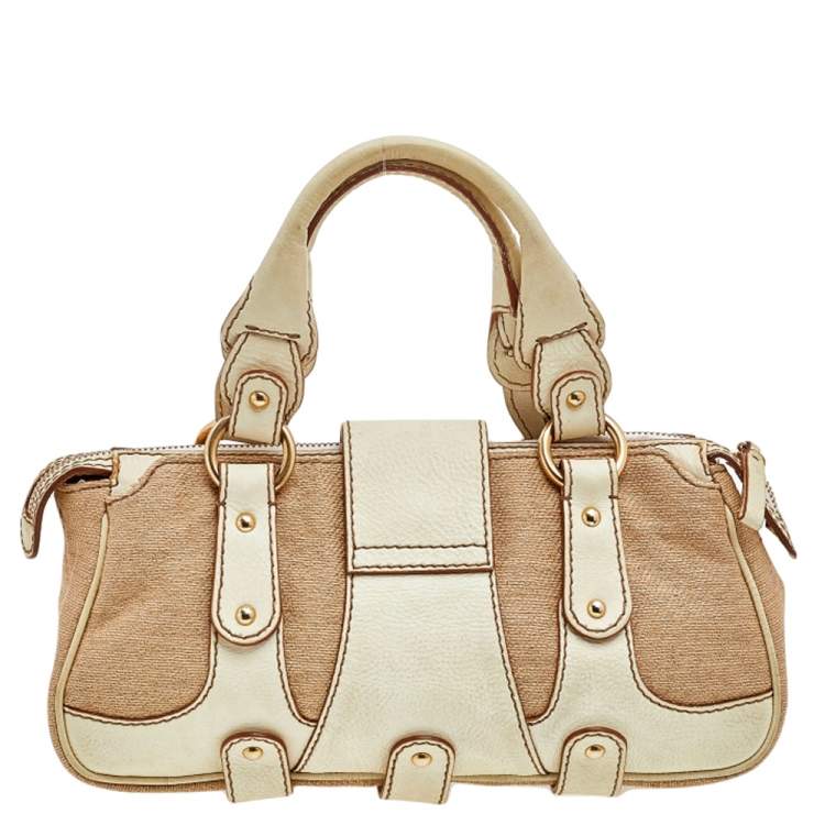 Pre Owned Valentino Cream/Beige Fabric And Leather VLogo Flap Shoulder Bag