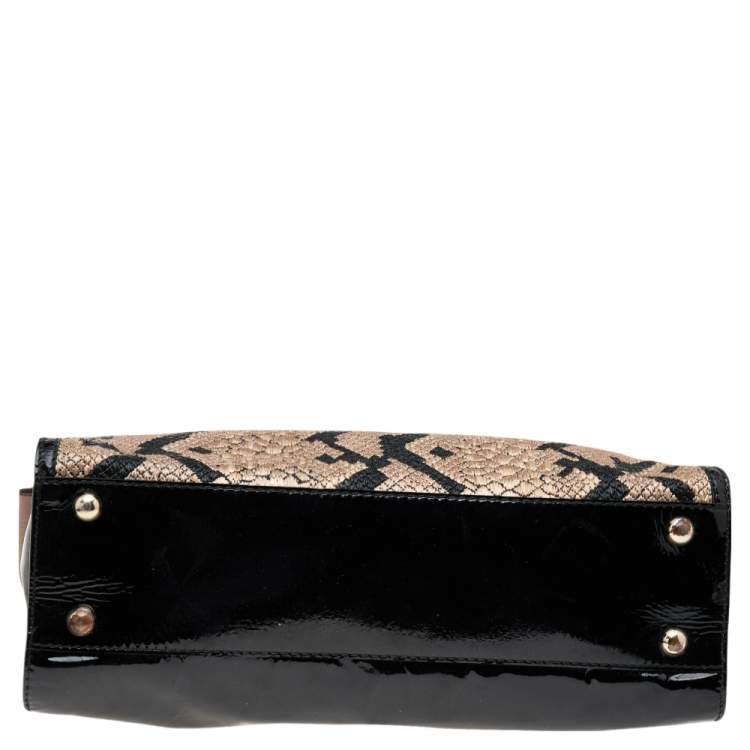Pre Owned Valentino Tricolor Leather, Patent Leather, and Straw Aphrodite Bow Top Handle Bag