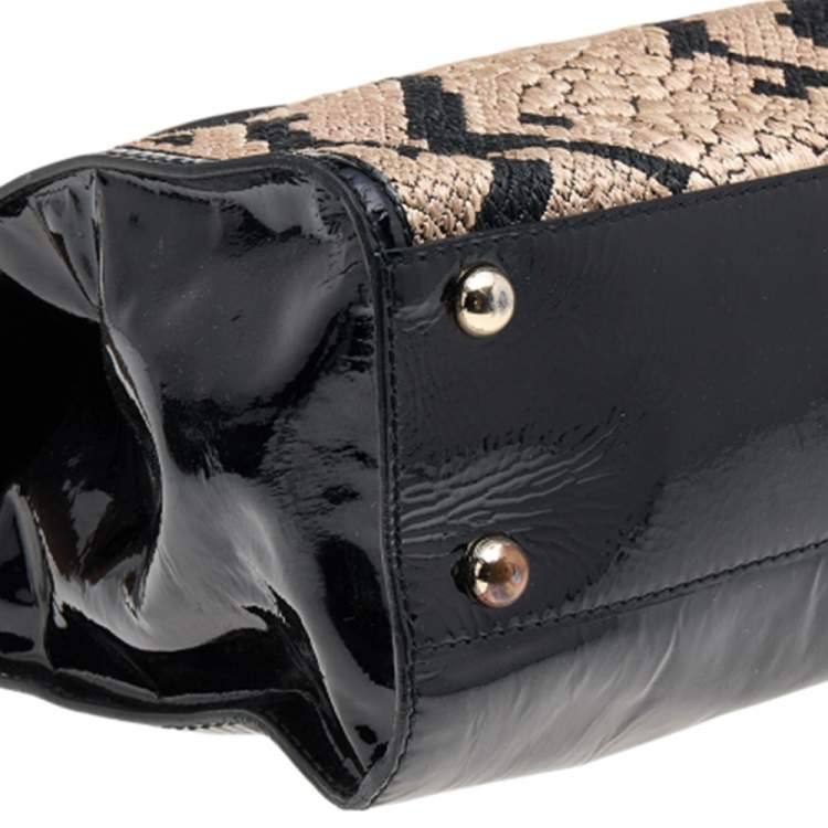 Pre Owned Valentino Tricolor Leather, Patent Leather, and Straw Aphrodite Bow Top Handle Bag