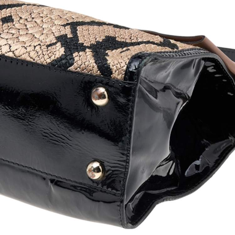 Pre Owned Valentino Tricolor Leather, Patent Leather, and Straw Aphrodite Bow Top Handle Bag