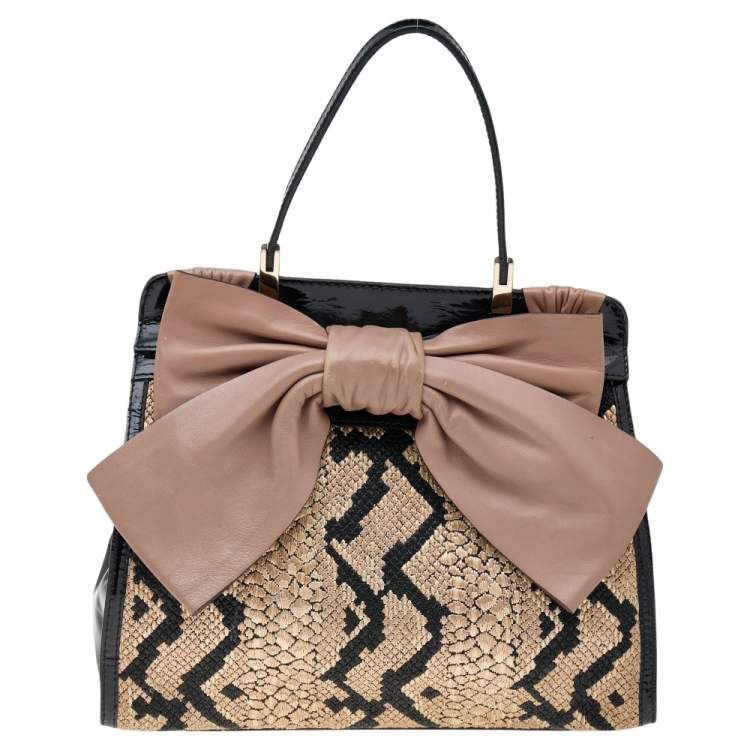 Pre Owned Valentino Tricolor Leather, Patent Leather, and Straw Aphrodite Bow Top Handle Bag