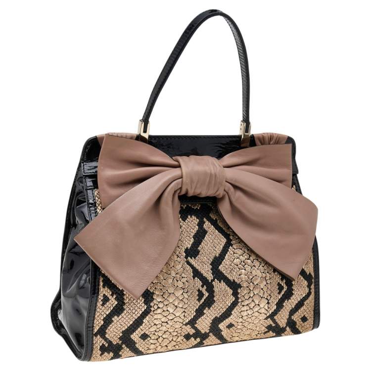 Pre Owned Valentino Tricolor Leather, Patent Leather, and Straw Aphrodite Bow Top Handle Bag