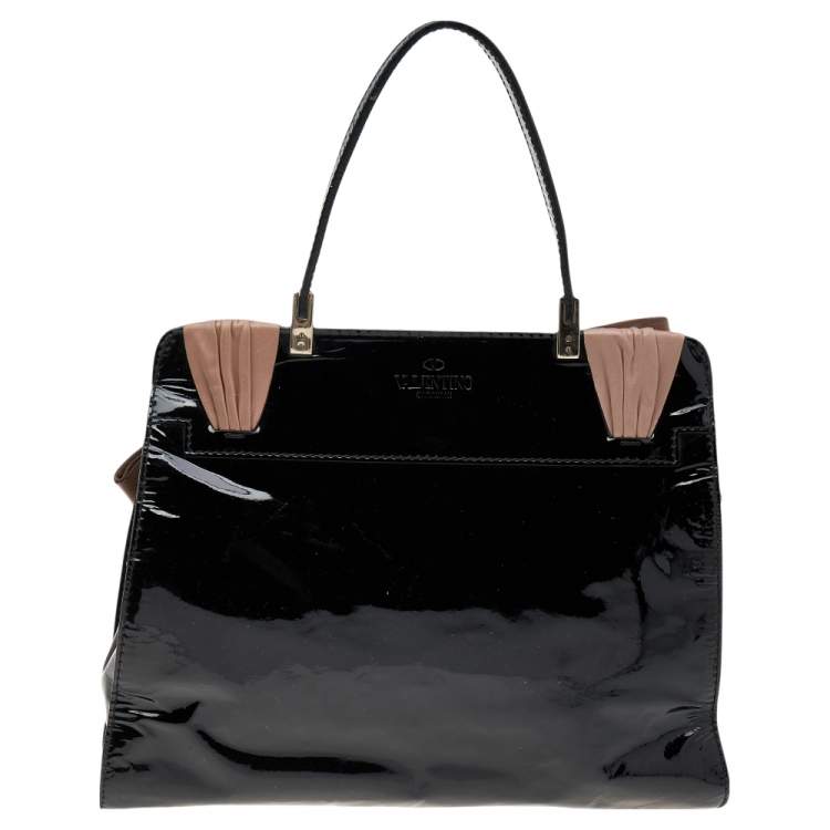 Pre Owned Valentino Tricolor Leather, Patent Leather, and Straw Aphrodite Bow Top Handle Bag