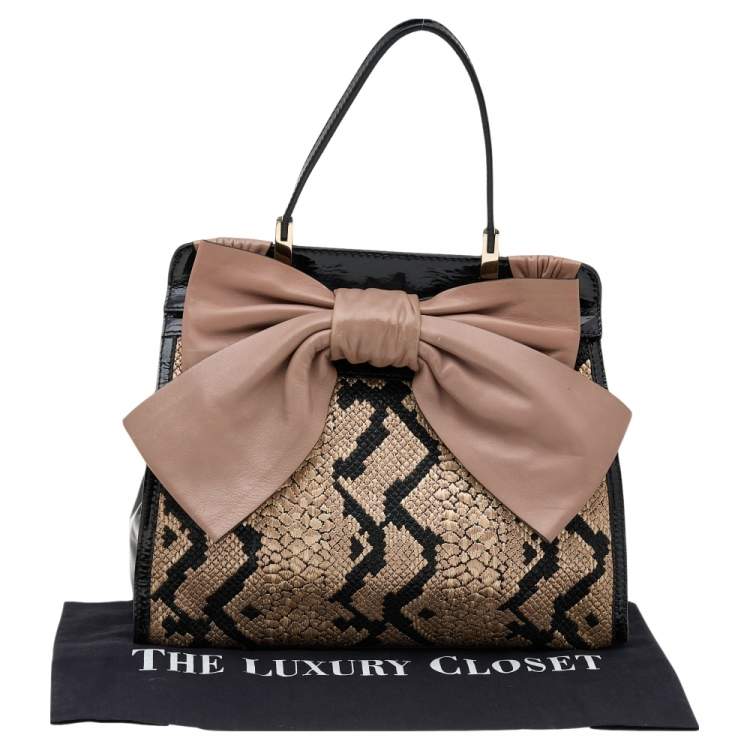 Pre Owned Valentino Tricolor Leather, Patent Leather, and Straw Aphrodite Bow Top Handle Bag