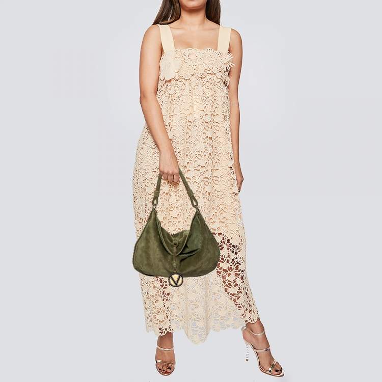 Pre Owned Valentino Green Suede Logo Charm Hobo