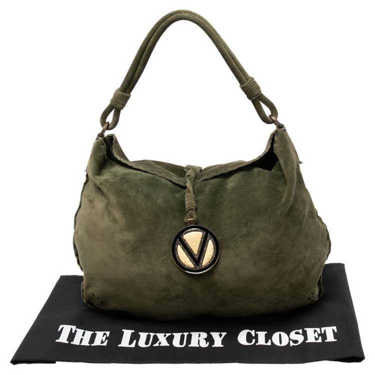 Pre Owned Valentino Green Suede Logo Charm Hobo