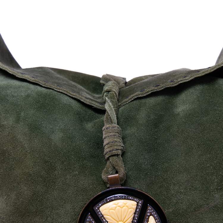 Pre Owned Valentino Green Suede Logo Charm Hobo