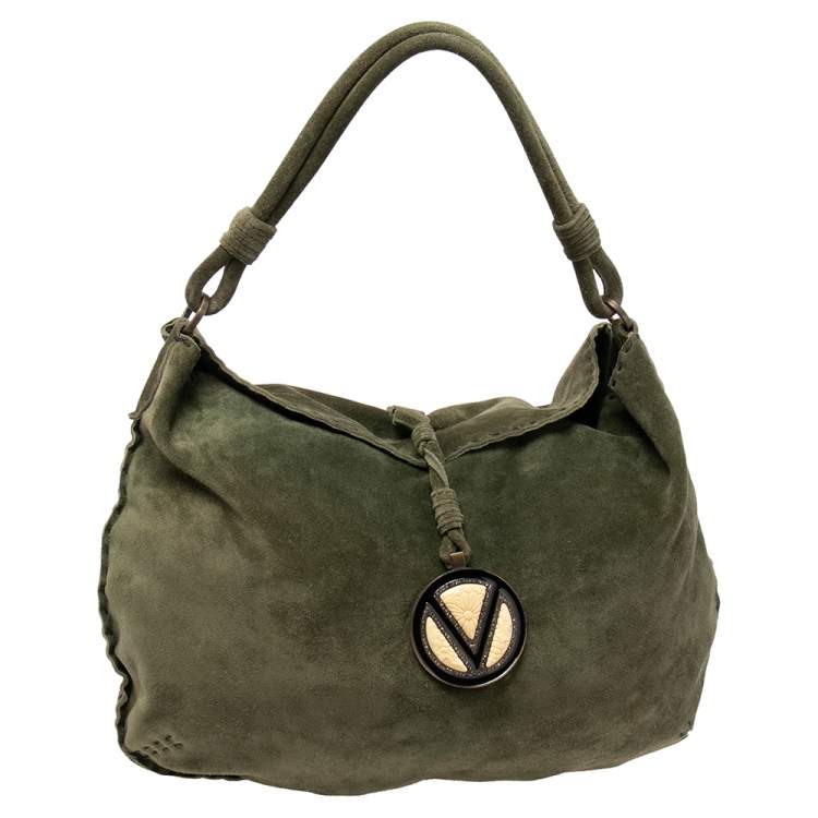 Pre Owned Valentino Green Suede Logo Charm Hobo