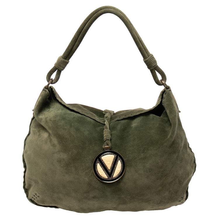 Pre Owned Valentino Green Suede Logo Charm Hobo
