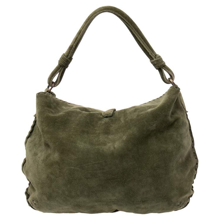 Pre Owned Valentino Green Suede Logo Charm Hobo