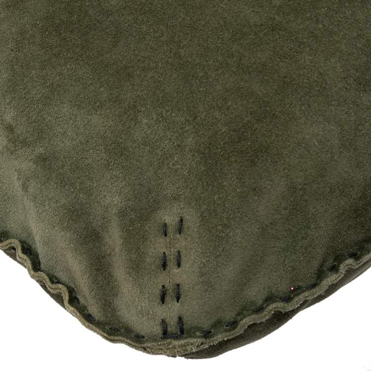 Pre Owned Valentino Green Suede Logo Charm Hobo
