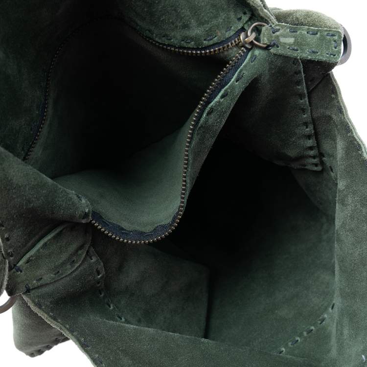 Pre Owned Valentino Green Suede Logo Charm Hobo