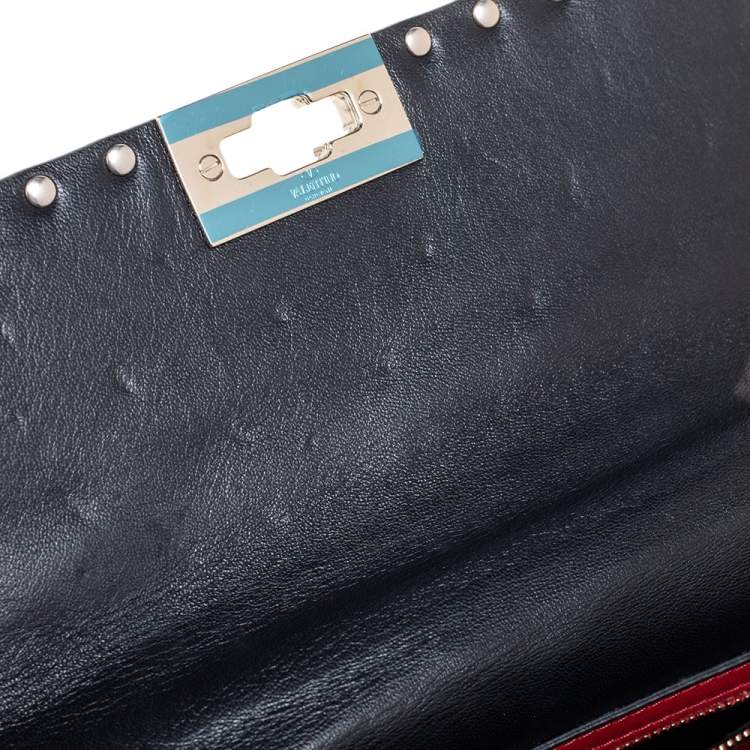 Pre Owned Valentino Metallic Blue Leather Medium Rockstud Spike Top Handle Bag