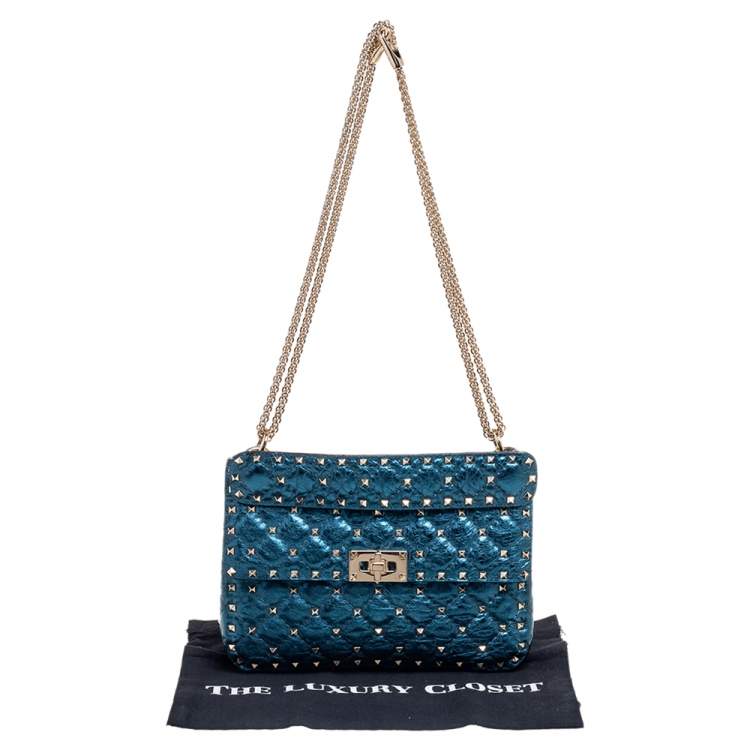 Pre Owned Valentino Metallic Blue Leather Medium Rockstud Spike Top Handle Bag