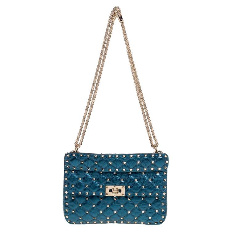 Pre Owned Valentino Metallic Blue Leather Medium Rockstud Spike Top Handle Bag