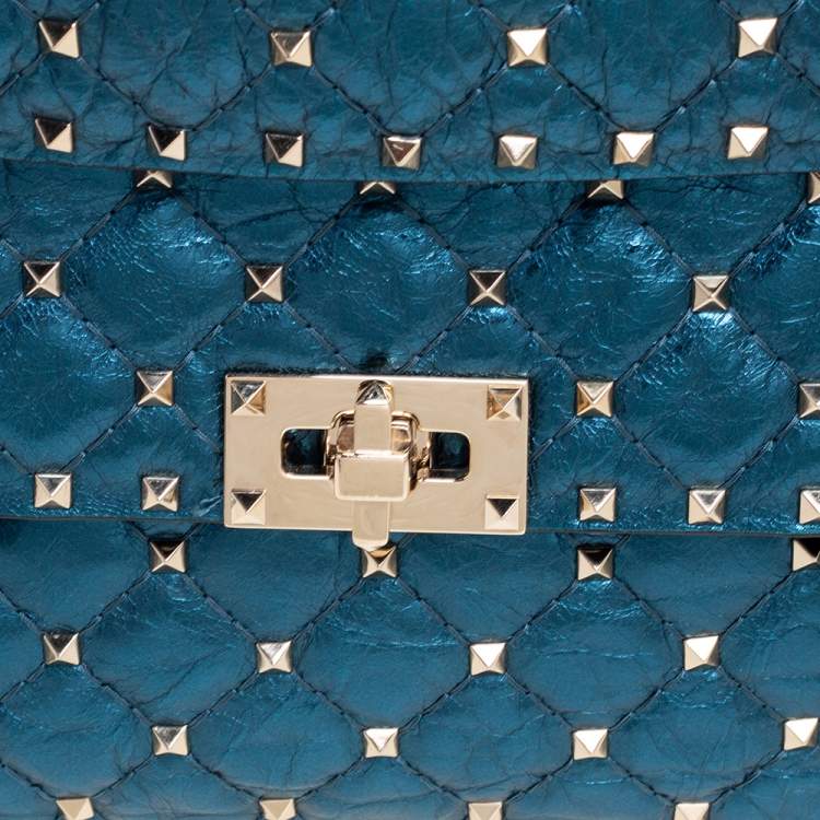 Pre Owned Valentino Metallic Blue Leather Medium Rockstud Spike Top Handle Bag